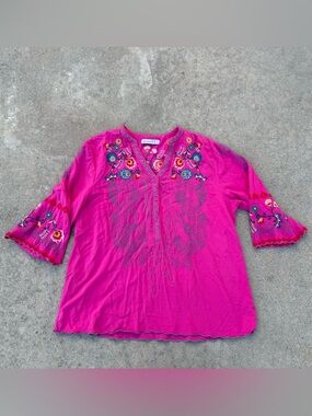 St Lareina Embroidered Tunic Top Blouse Floral Bohemian Hippie Style large pink